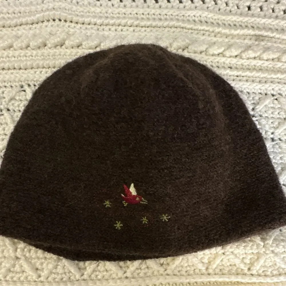 Pistil Brown Wool Beanie Hat Lined Size M Womens Embroidered Bird 100% Wool